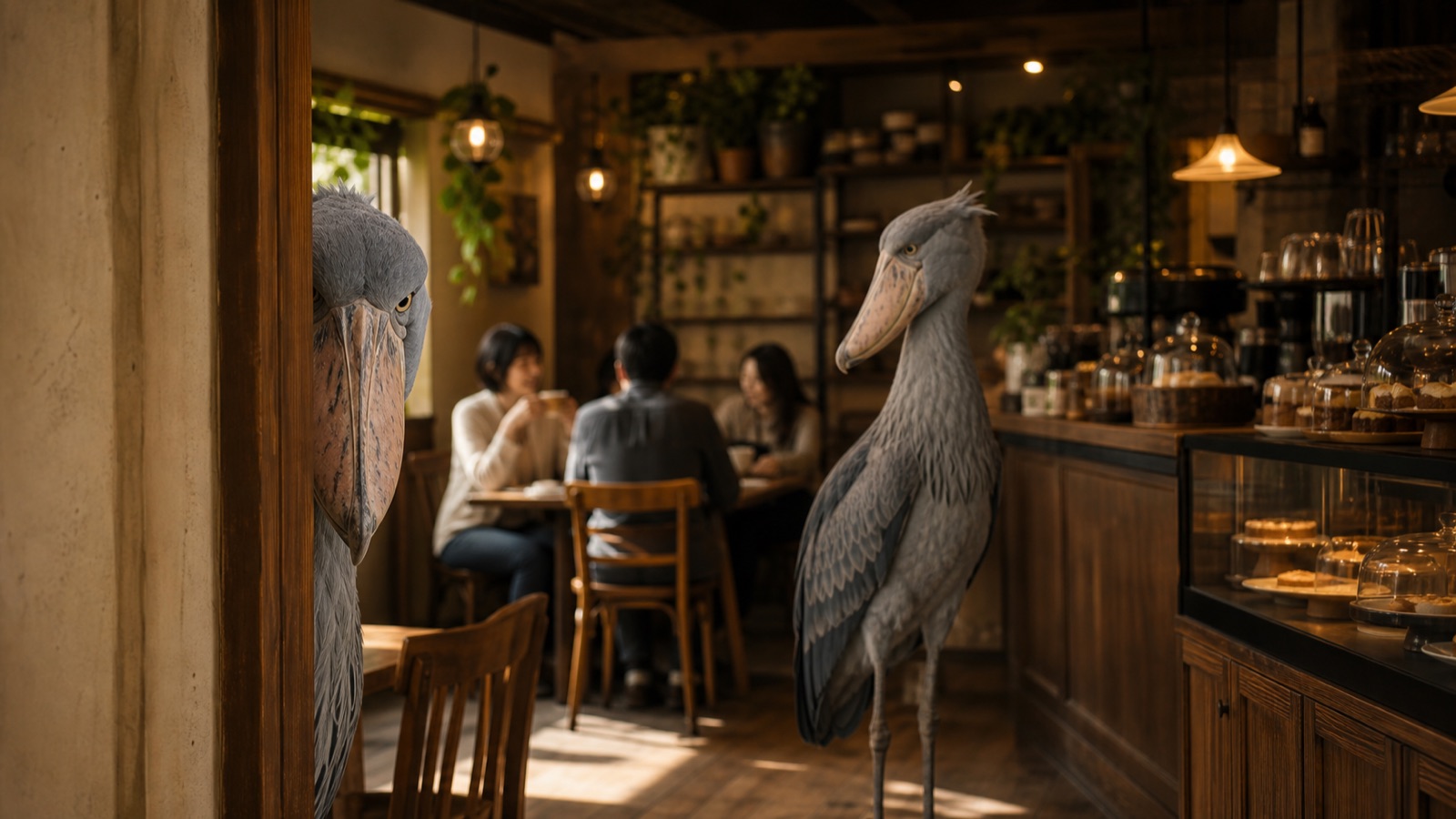 ハシビロコウがお出迎えする店内入口