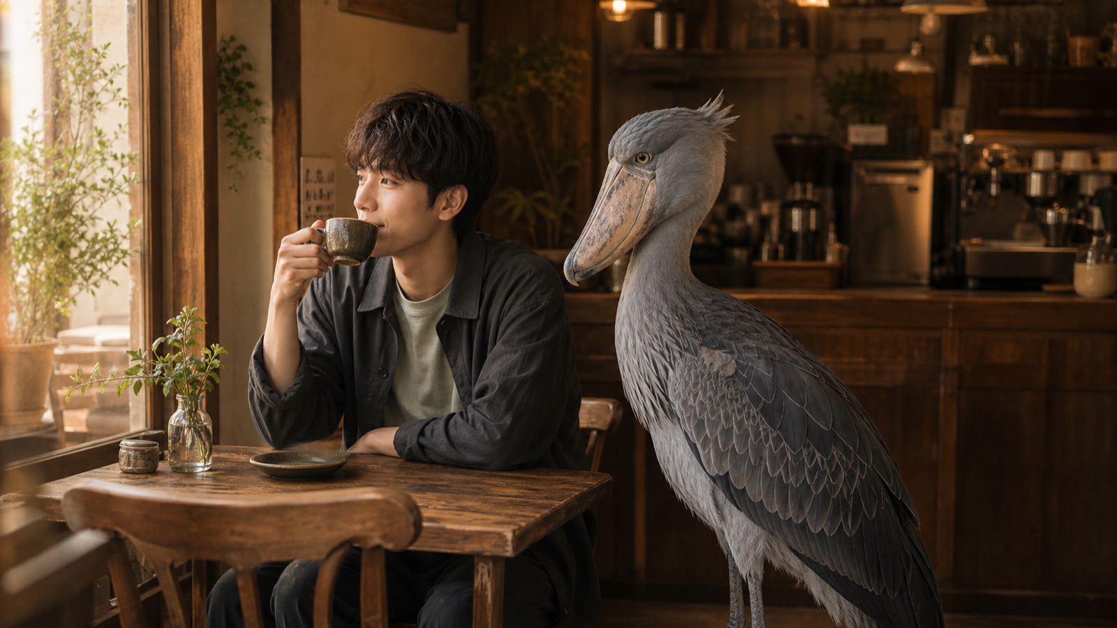 窓際でコーヒーを楽しむお客様とハシビロコウ