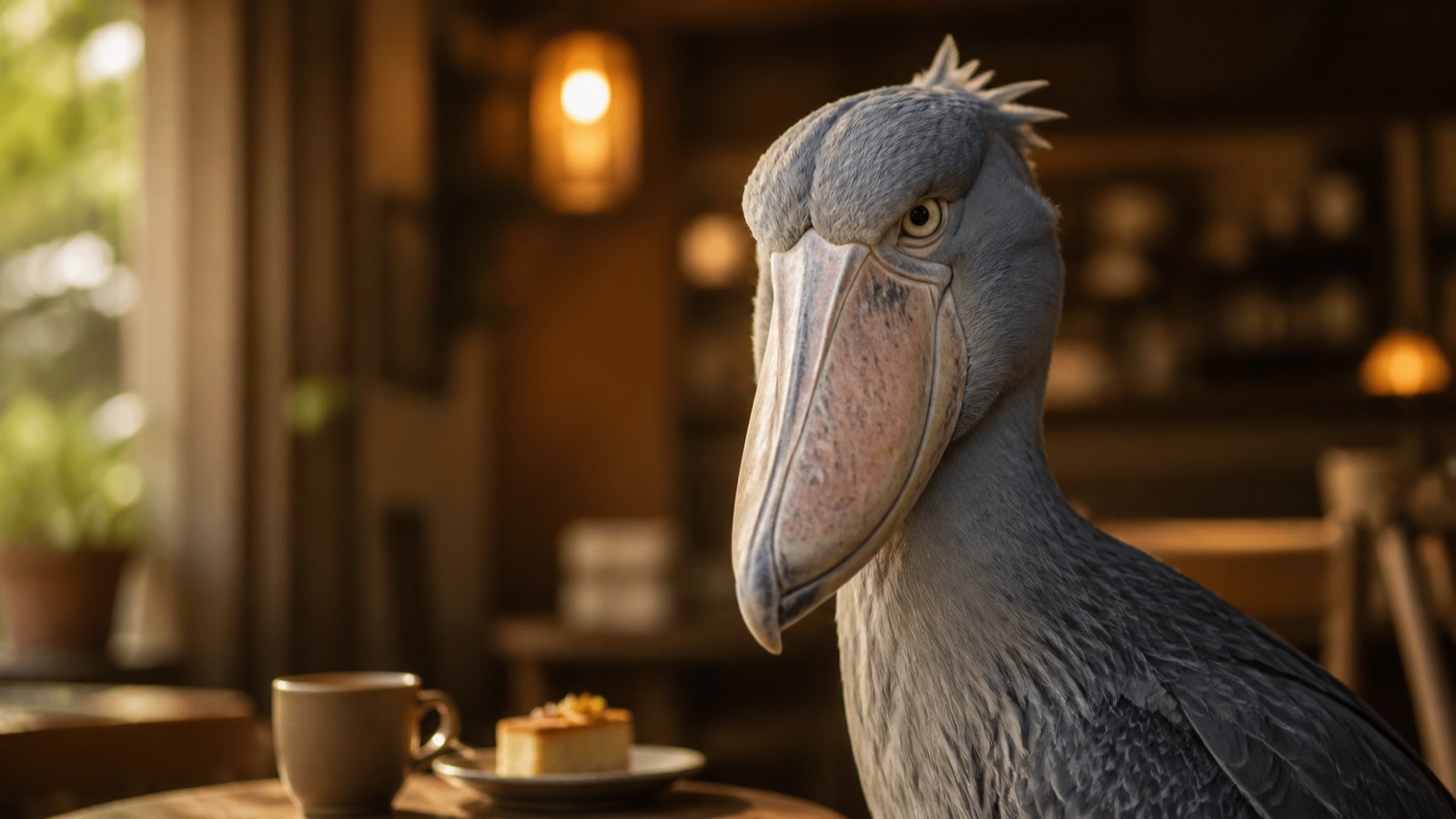 店内でくつろぐお客様とハシビロコウ